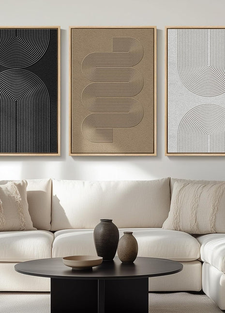 Large Framed Bohemian Modern Neutral Abstract Wall Art Set - 3-Piece Black and White Canvas Prints for Living Room, Office, Bedroom, and Dining Room Decor - 24x36 Inches