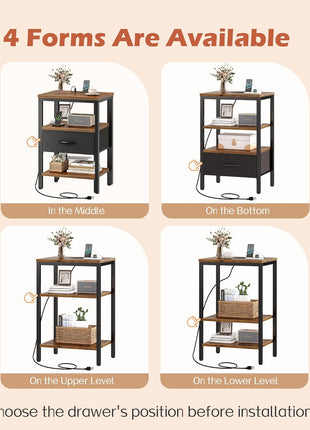 Rustic Brown and Black Nightstand with Integrated Charging Station, Adjustable Fabric Drawer, and 3-Tier Storage for Bedroom and Living Room