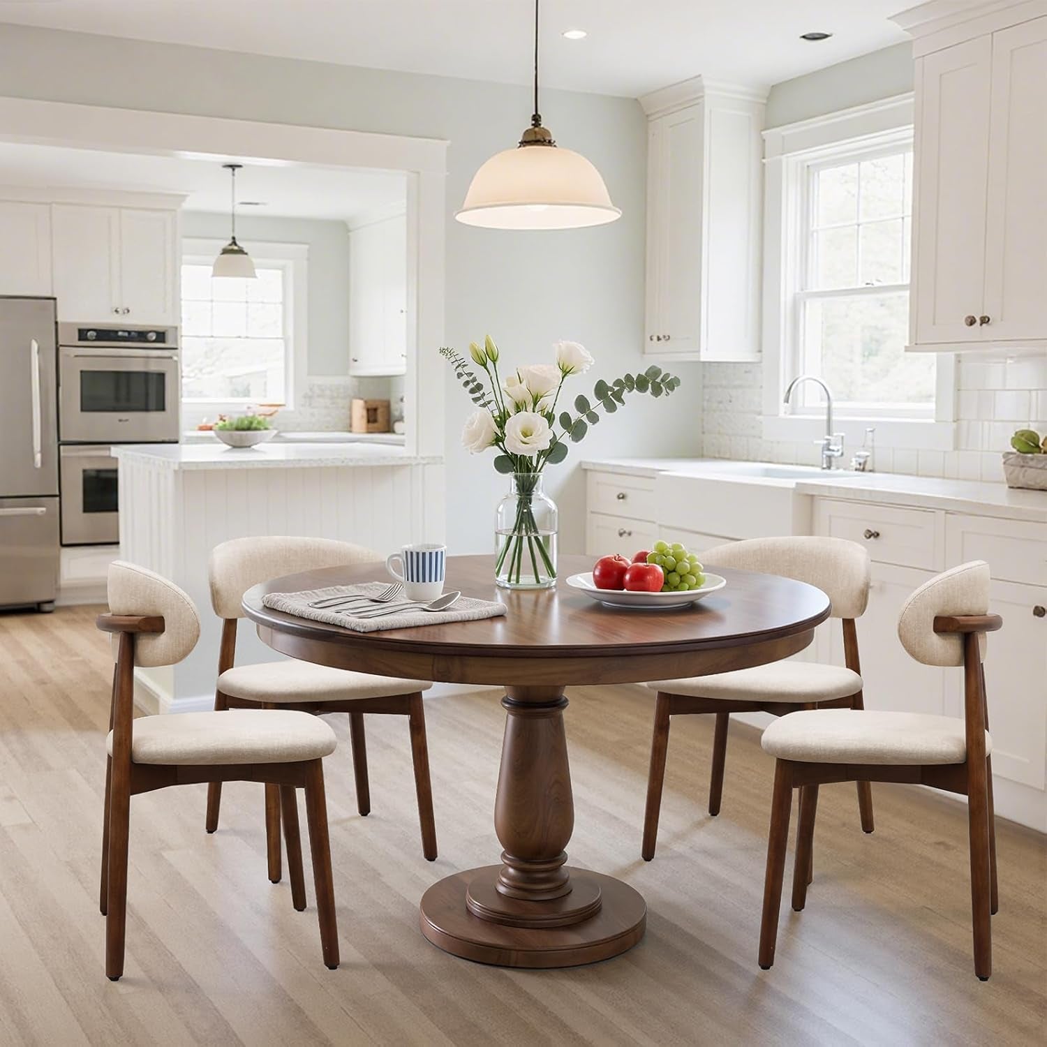 Farmhouse Dining Chairs Set of 4, Mid Century Modern Fabric Upholstered Kitchen Chairs, Wooden Dining Room Chair with Curved Back for Kitchen Dining Room Restaurant Cafe, Light Camel (Only Chairs)