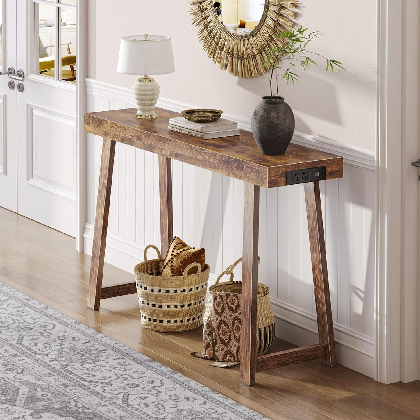 Entryway Console Table with Charging Station, USB-C Port, 47.2 Inch Sofa Table with Metal Legs, Entry Hallway Table with Thicker Desktop, Modern behind Couch Table, Rustic Brown
