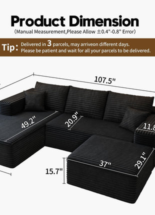 107.5" Modern Minimalist Cloud Modular Sectional Sofa with Ottoman, U-Shaped Deep Seat Corner Couch for Living Room, No Assembly Required (Black, Left Facing Chaise)