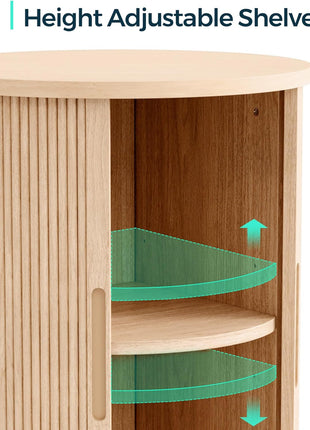 Round Fluted End Table with Sliding Tambour Door and Storage Shelf, Modern Mid-Century Nightstand in Oak Finish for Living Room and Bedroom