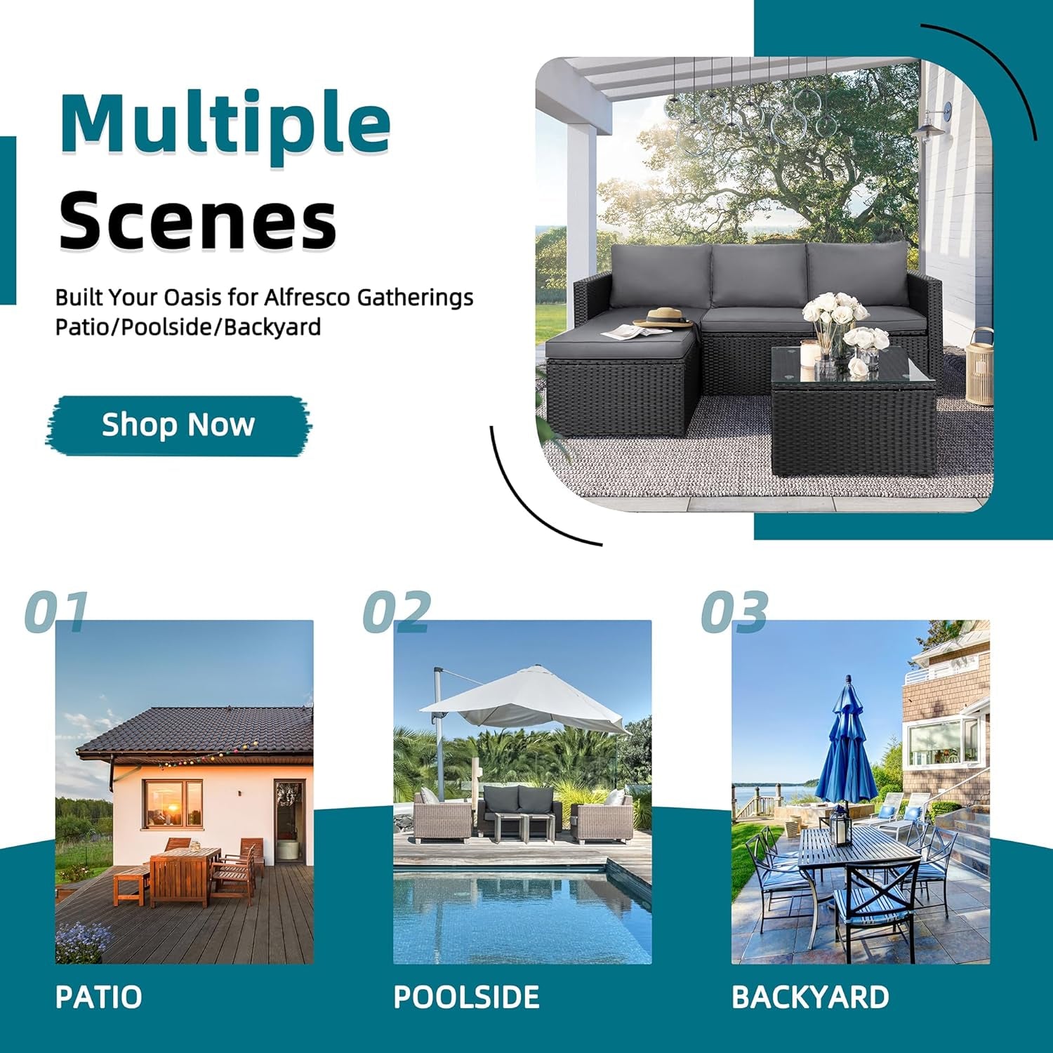 3-Piece Patio Sectional Sofa, Patio Furniture Set with Detachable Soft Cushions, Outdoor PE Rattan Patio Conversation Sofa Set with Glass Coffee Table & Ottoman, Black Rattan/Grey