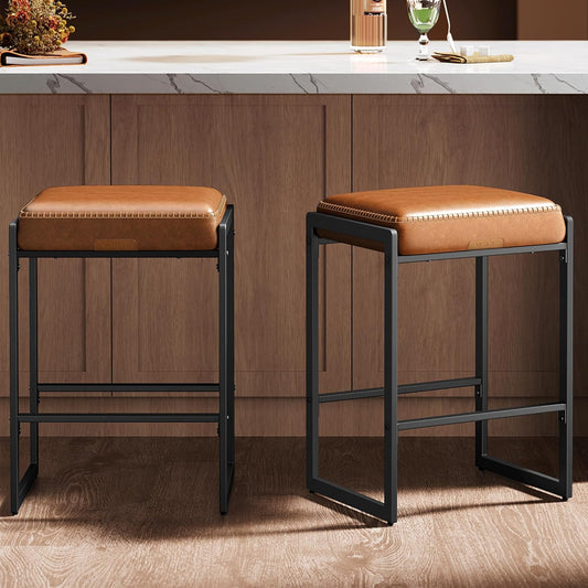 EKHO Collection - Bar Stools Set of 2, Counter Height Bar Stools, Synthetic Leather with Stitching, Mid-Century Modern Counter Stools, 26-Inch Tall, Kichen Home Bar Dining Room, Caramel Brown