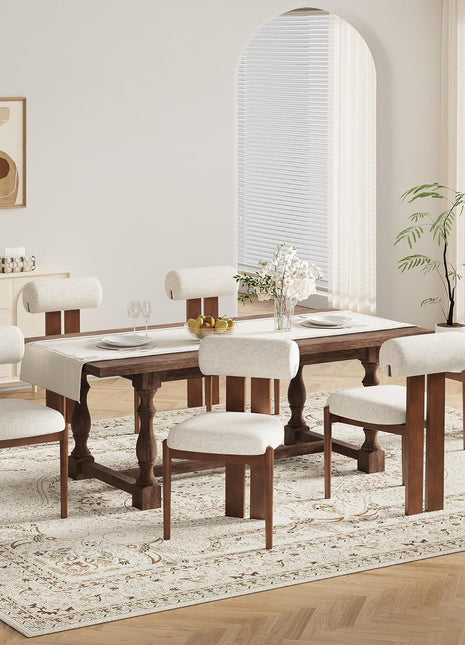 Set of 6 Contemporary Wooden Dining Chairs with Upholstered Fabric and Sculptural Backrest, Mid-Century Farmhouse Style, Solid Wood Legs, Beige