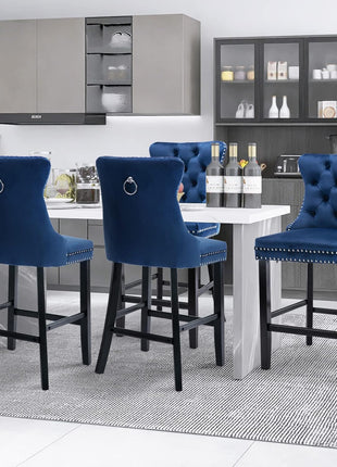 Set of 4 Modern Velvet Bar Stools with Wooden Legs, Button Tufted Design, and Chrome Nailhead Accents (Blue)