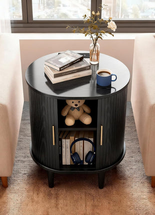 Mid-Century Modern Nightstand Set of 2 with Integrated Charging Station, Fluted Accent Side Table with Sliding Door and Adjustable Shelf, Perfect for Compact Living Room or Bedroom Spaces, Black
