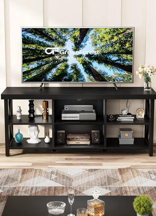 55-Inch Industrial Farmhouse TV Stand for TVs up to 65 Inches with 6 Storage Cabinets, Black Entertainment Center for Living Room