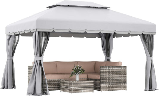 10' X 13' Patio Gazebo, Outdoor Gazebo Canopy Shelter with Netting and Curtains, Aluminum Frame for Garden, Lawn, Backyard and Deck, Light Gray