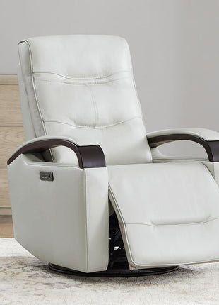 Genuine Leather Power Swivel Glider Rocker Recliner Chair, FSC Certified Mid-Century Modern Design with Adjustable Power Headrest for Nursery and Living Room, Creamy Grey