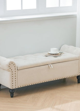 51-Inch Beige Chenille Upholstered Storage Ottoman Bench for Bedroom and Living Room