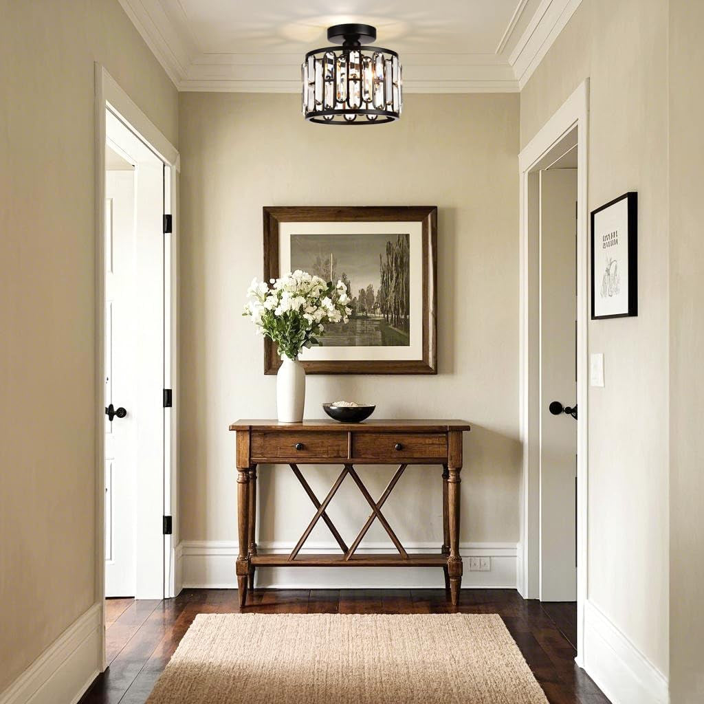 Crystal Ceiling Light, Semi Flush Mount Modern Black Ceiling Light Fixture, Crystal Chandelier, for Bathroom Hallway, Kitchen, Entryway, Bedroom, Laundry Room, Porch 1 Light E26