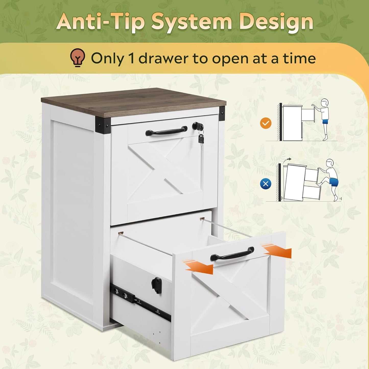 2 Drawer File Cabinet with Lock, Wood Farmhouse Filing Cabinet for Home Office, Printer Stand Fits Letter and A4 Size, White