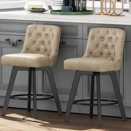 Bar Stools Set of 2, PU Leather Barstools, 26 Inch Upholstered Counter Stools with Low Tufted Back and Footrest, Swivel Counter Height Barstools for Kitchen Island Home Bar Khaki