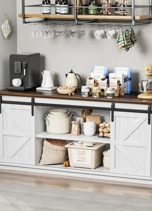Farmhouse Sideboard Buffet Cabinet with Sliding Barn Doors and Shelving for Dining Room and Coffee Bar, White Finish