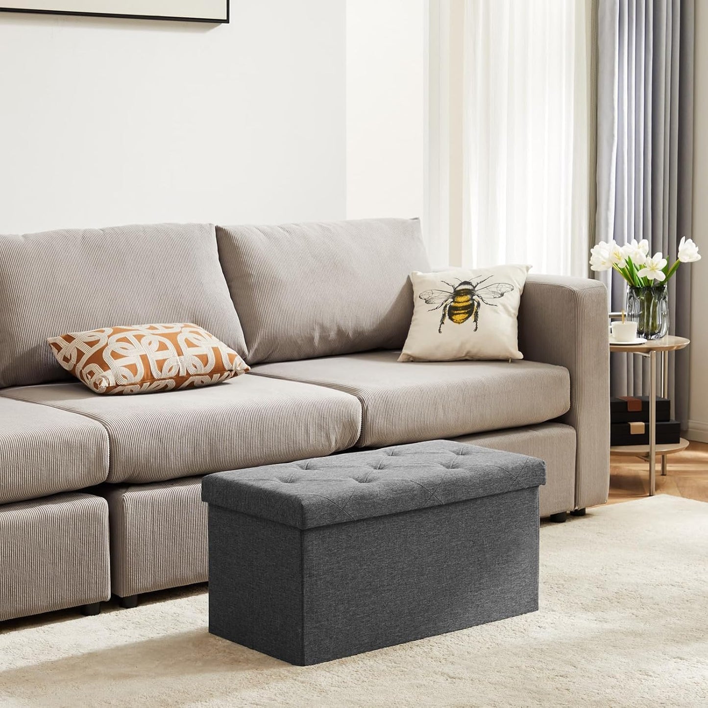 30In Foldable Storage Ottoman Bench, Storage Chest, End of Bed Foot Rest Stool with Padded Seat, Bedroom Bench for Living Room, Bedroom, Support 660Lbs, Grey