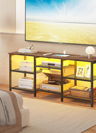 Rustic Brown TV Stand for Living Rooms, Supports TVs up to 55 Inches, Equipped with Power Outlet and LED Lighting, Open Storage Shelves, Perfect for Bedrooms