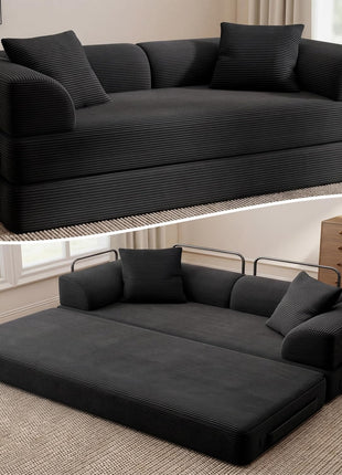 4-in-1 Convertible Sofa Bed - Luxurious 70" Boneless Sleeper Couch in Black Corduroy for Living Room and Bedroom