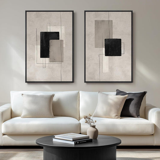 Large Framed Neutral Abstract Wall Art for Living Room, Set of 2 Black and Beige Modern Canvas Prints Paintings Artwork for Walls, Minimalist Block Lines Pictures for Hallway Office Wall Decor 24X36 In