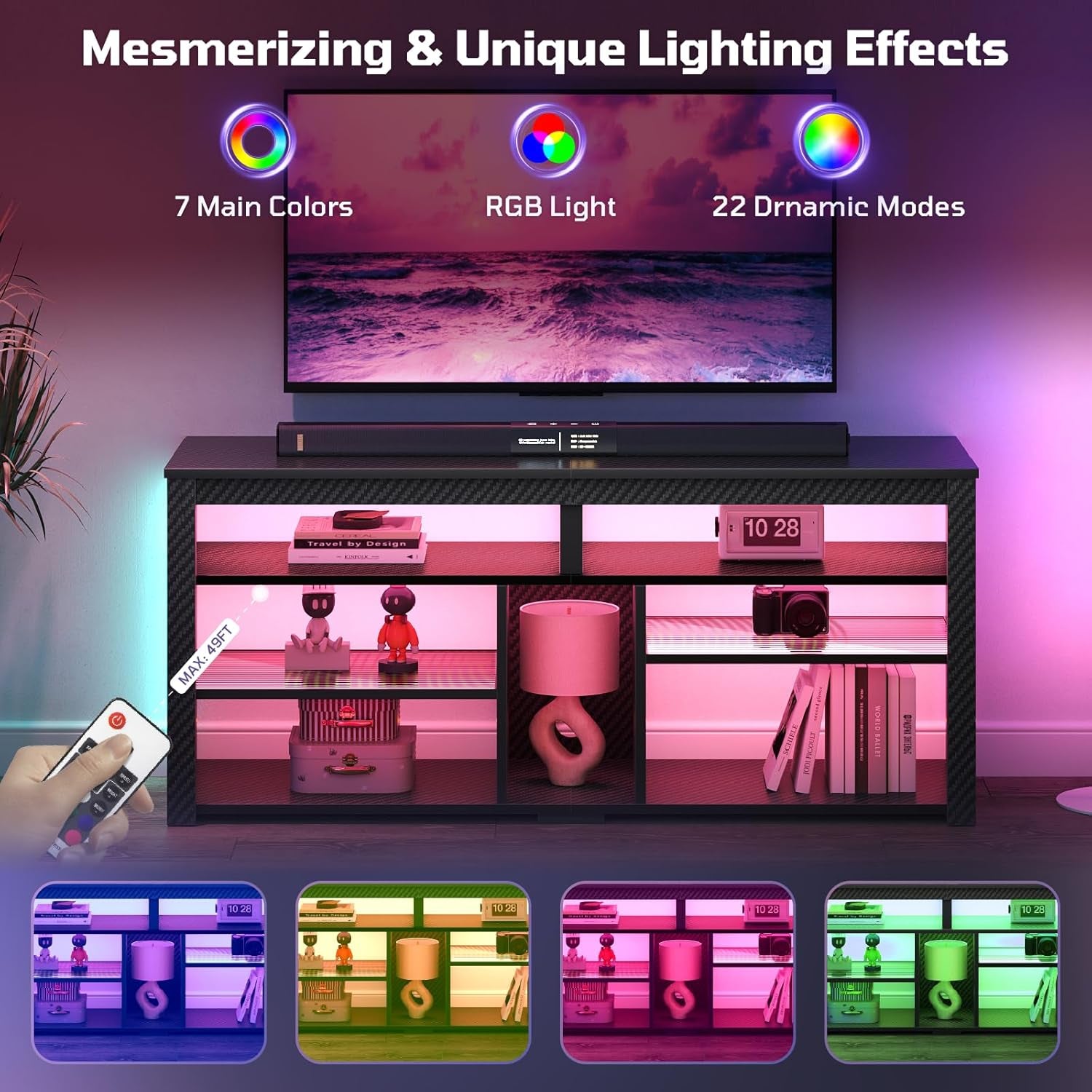 LED Tall TV Stand, Entertainment Center for 55/60/65 Inch TV, Gaming TV Console with Storage for PS4, Adjustable Shelf TV Cabinet for Living Room Bedroom, Carbon Fiber Black