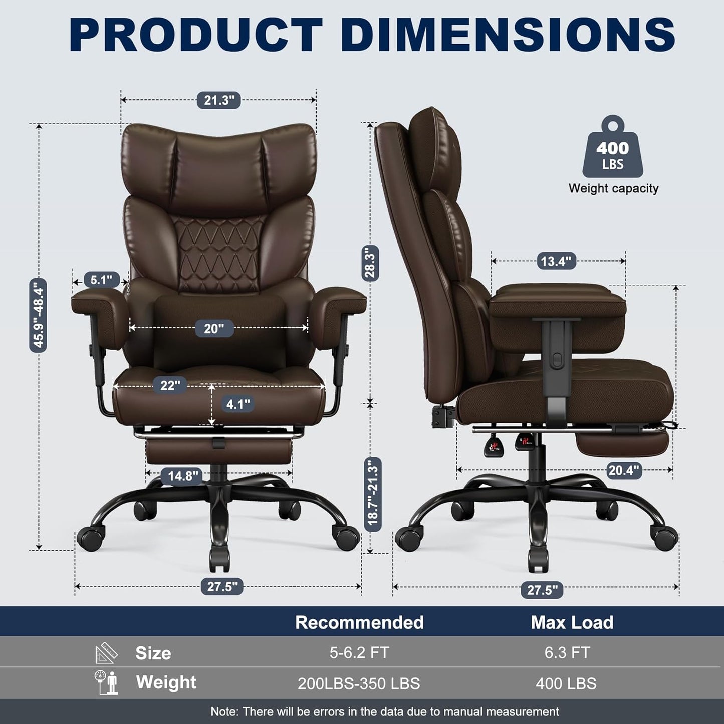 Big and Tall Office Chair with Footrest, High Back Executive Desk Chair with Adjustable Lift Armrest, 155°Recline，Lumbar Support Pillow, Faux Leather Gaming Chairs for Home or Office Brown