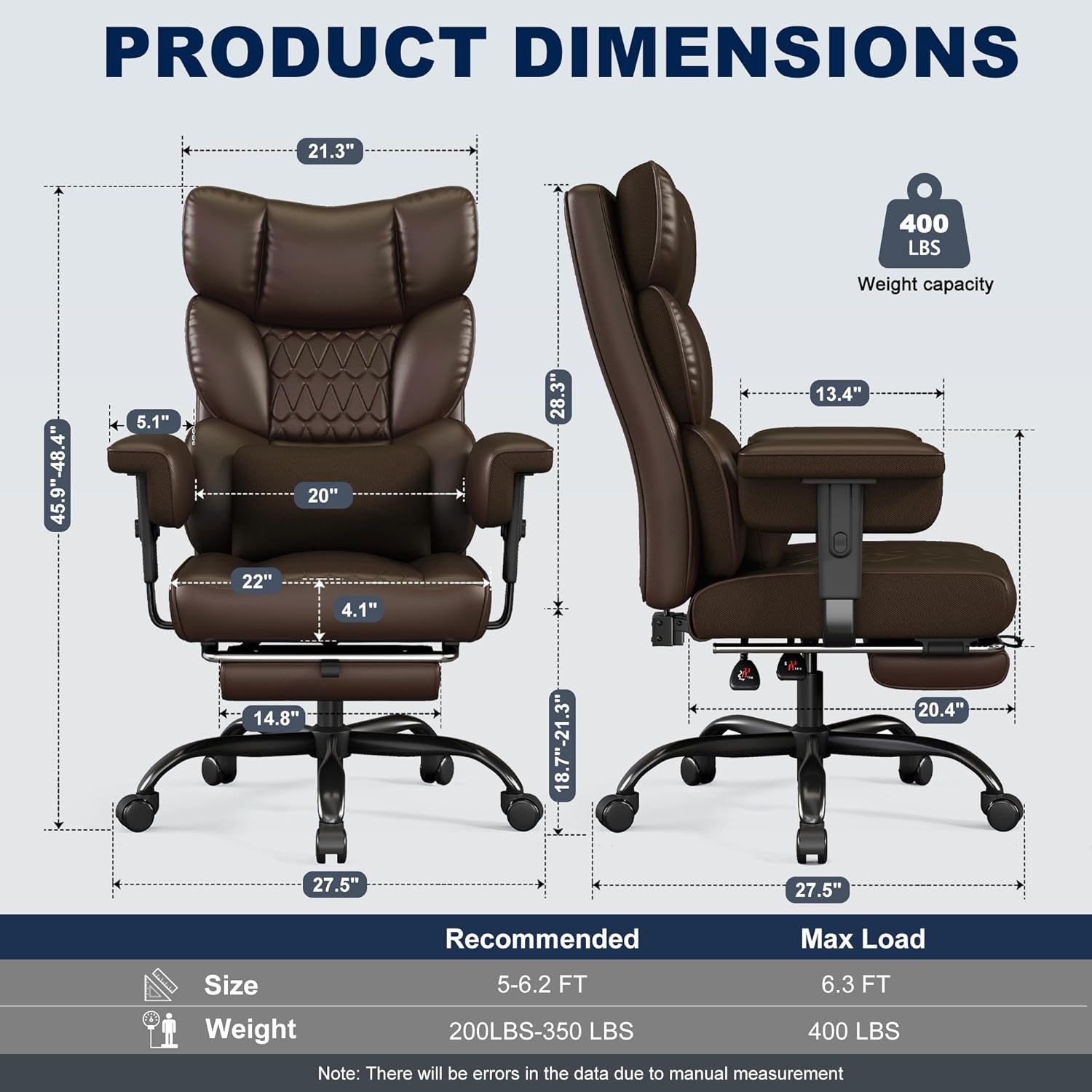 Big and Tall Office Chair with Footrest, High Back Executive Desk Chair with Adjustable Lift Armrest, 155°Recline，Lumbar Support Pillow, Faux Leather Gaming Chairs for Home or Office Brown
