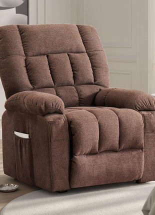 Ergonomic Power Lift Recliner Chair with Vibration Massage and Heat, Overstuffed Breathable Fabric, Side Pockets, and Remote Control for Living Room and Bedroom, Brown