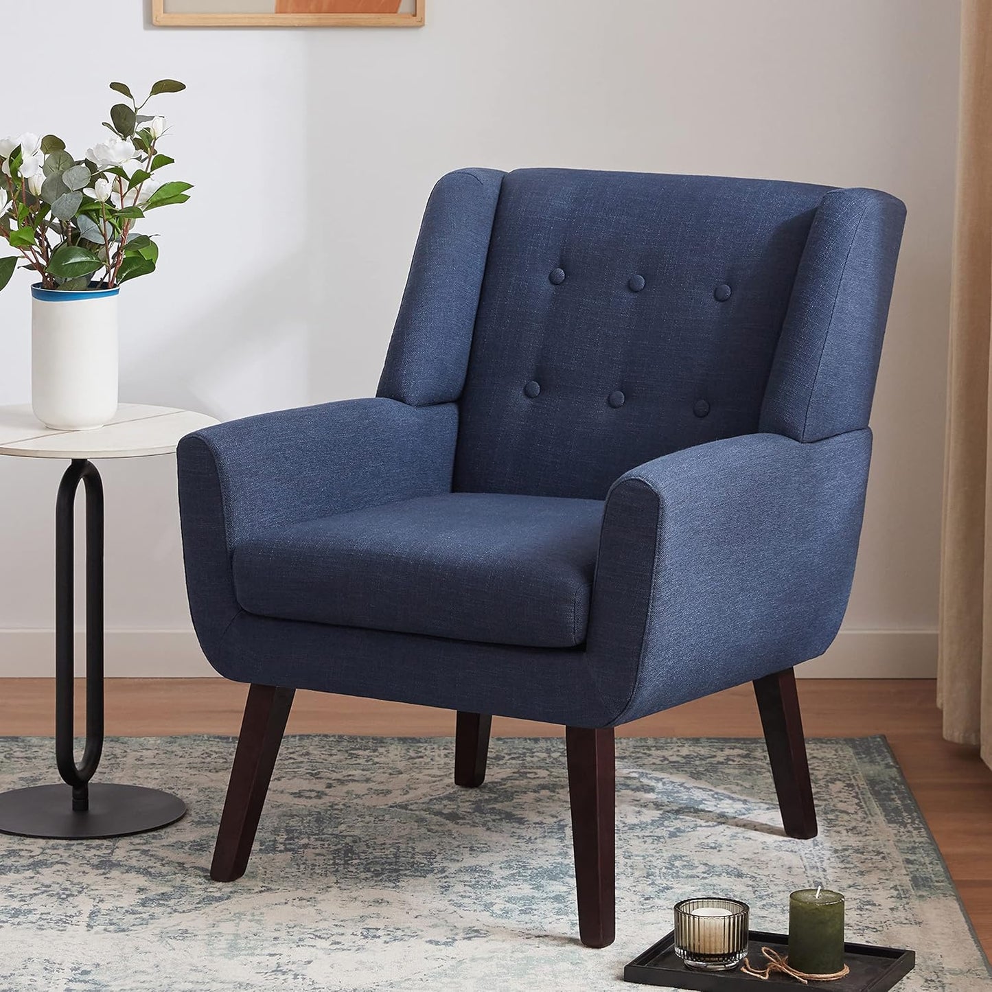 Accent Chair Living Room Chair, Upholstered Button Tufted Armchair, Linen Fabric Sofa Chairs for Bedroom, Living Room, Mid Century Modern Comfy Reading Chair (Dark Blue)