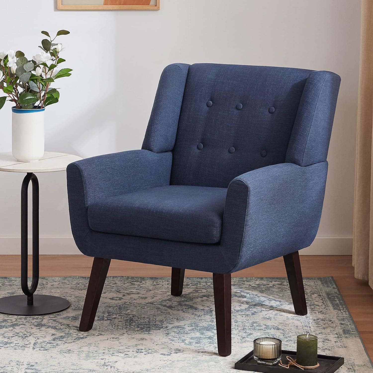 Accent Chair Living Room Chair, Upholstered Button Tufted Armchair, Linen Fabric Sofa Chairs for Bedroom, Living Room, Mid Century Modern Comfy Reading Chair (Dark Blue)