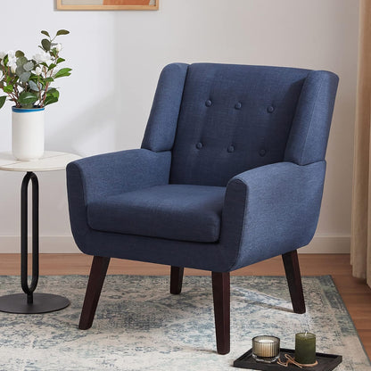 Accent Chair Living Room Chair, Upholstered Button Tufted Armchair, Linen Fabric Sofa Chairs for Bedroom, Living Room, Mid Century Modern Comfy Reading Chair (Dark Blue)