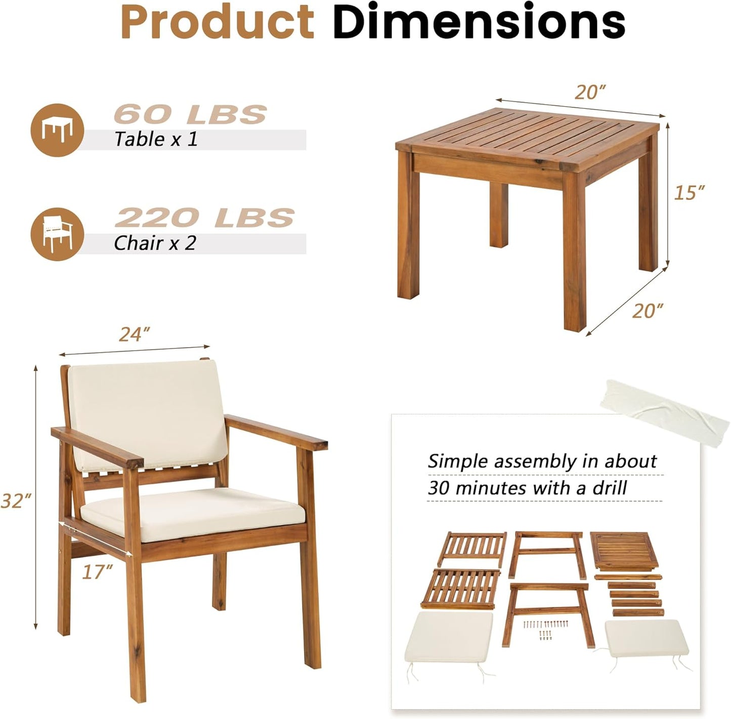 Patio Chairs 3 Piece Acacia Wood Patio Furniture with Coffee Table & Cushions Outdoor Conversation Set Balcony Chairs for Porch, Deck, Backyard