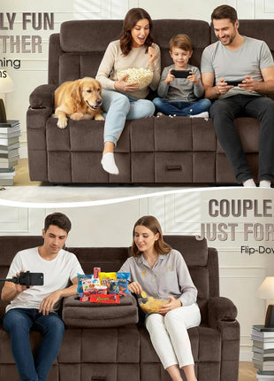 Oversized 3-Seater Loveseat Recliner Sofa with Flip-Down Middle Backrest, Storage Drawer, Dual Manual Recliners, USB Ports, Cup Holders, and Phone Holders in Brown
