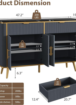 47.2" Modern Fluted Buffet Storage Cabinet with 2 Drawers and Adjustable Shelves, Navy Blue Kitchen Sideboard for Dining Room, Living Room, and Hallway