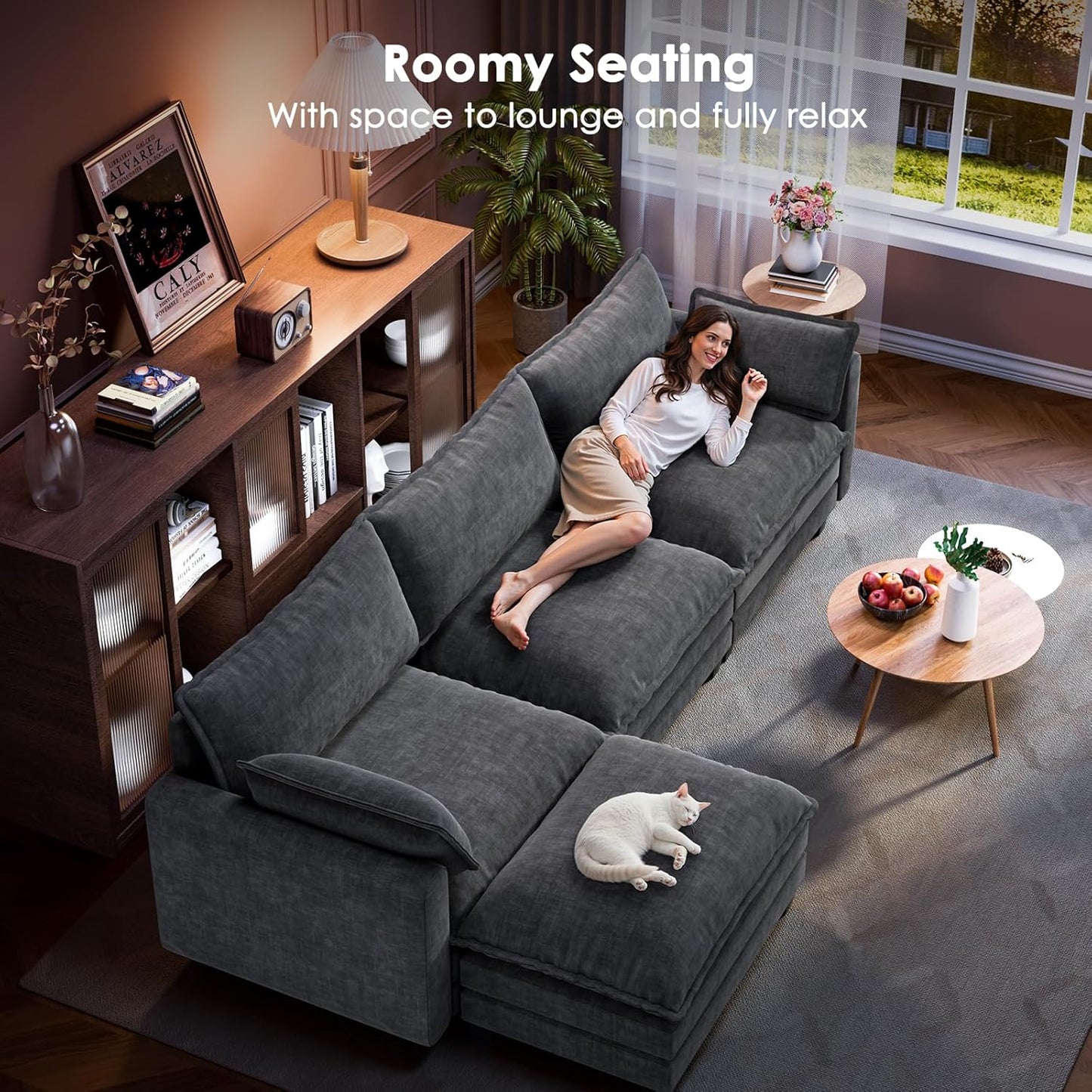 Modular Sectional Sofa 110.6" U-Shaped Modern Comfy Cloud Couch, 5-Seat Chenille Deep Seat Sofa with Throw Pillow & Movable Ottoman for Living Room, Bedroom and Apartment, Grey