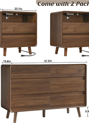 3-Piece Bedroom Furniture Set: 6-Drawer Dresser and Pair of Nightstands in Mid-Century Modern Walnut Finish