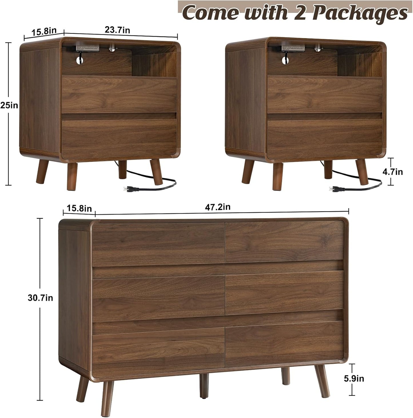 Dresser and Nightstand Sets 3 Piece, 6 Drawer Dresser for Bedroom and Nightstands Set of 2, Wood Chest of Drawers Night Stand Mid Century Modern Bedroom Furniture Set, Walnut