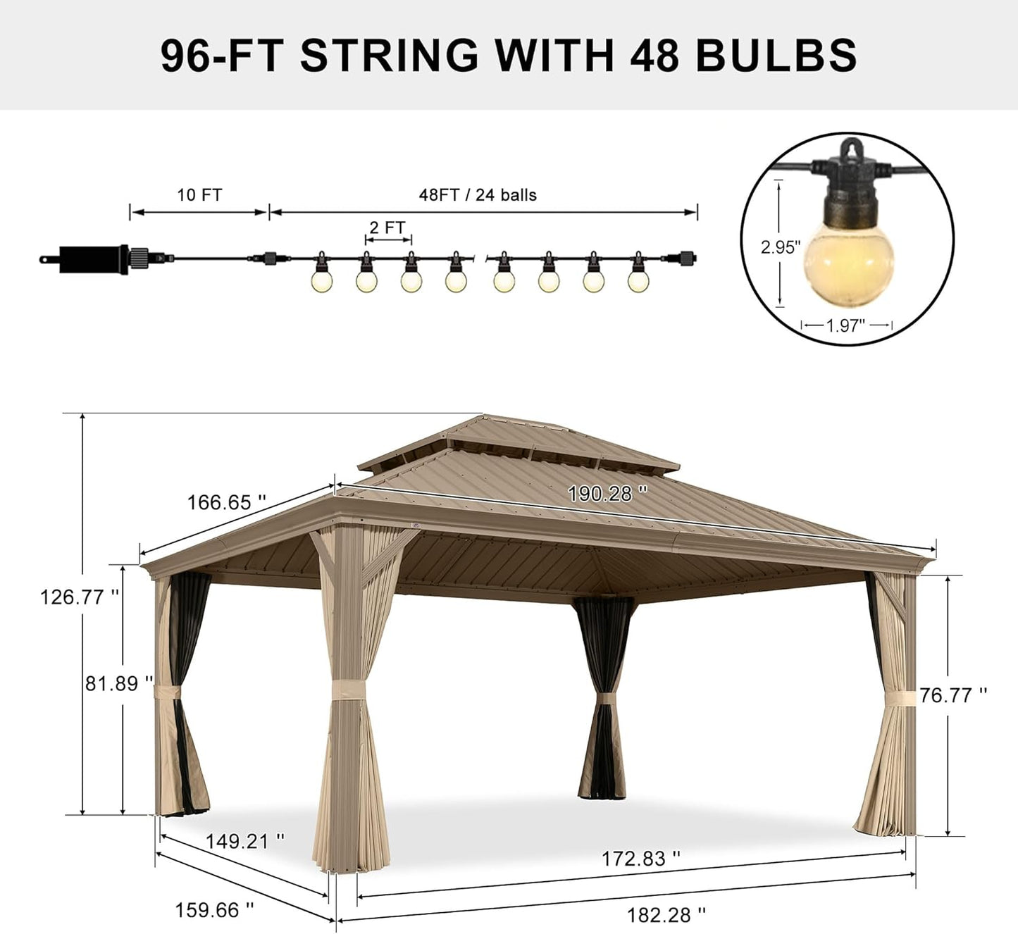 Outdoor Gazebo 14'X16'，Champagne Hardtop Gazebo with Galvanized Steel Double Roof, Permanent Patio Gazebo with Curtains and Netting for Patio Lawn Garden and Deck