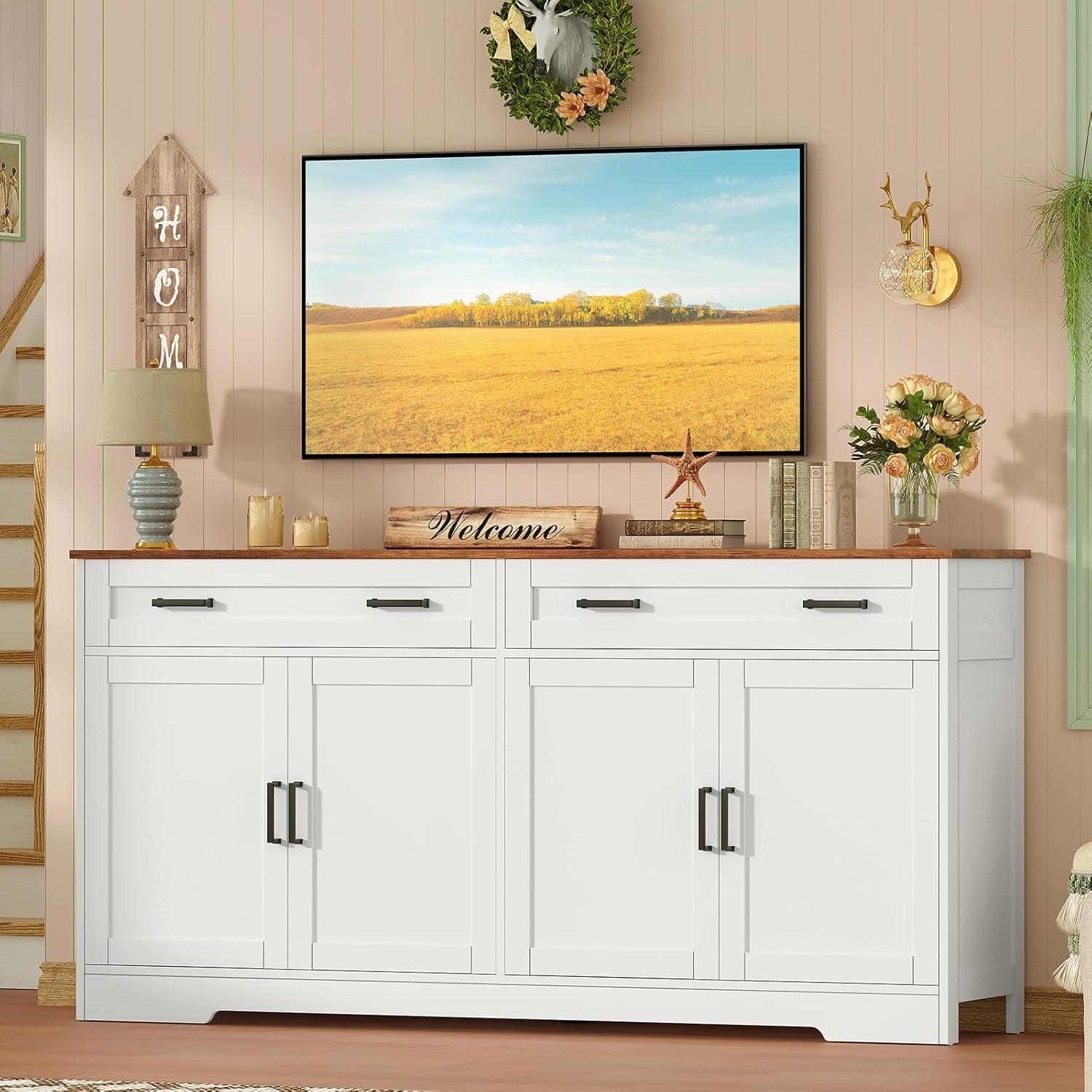 Buffet Cabinet with Storage and Drawers, 55" Large Sideboard Buffet Cabinet with Adjustable Shelves and Doors, Modern Coffee Bar for Kitchen, Living Room, White