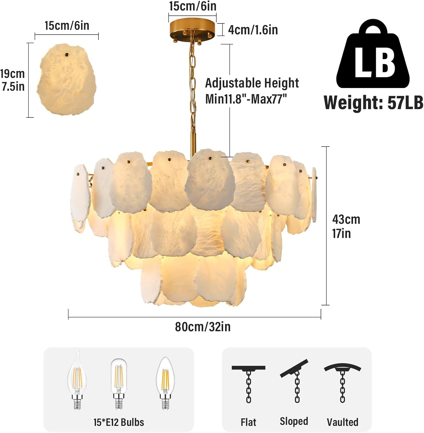 Alabaster Chandelier, D32In Modern Marble Dining Room Chandeliers, 3-Tiers Natural Brass round Chandelier over Table for Living Room, Dining Room, Bedroom, Bathroom, Foye, Entryway, Kitchen