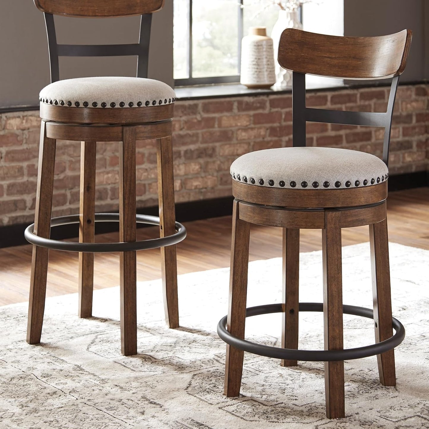 Valebeck | 30″ Farmhouse Pub-Height Swivel Barstool with Back – Upholstered Cushion, Nailhead Trim, Metal & Wood Frame, Brown