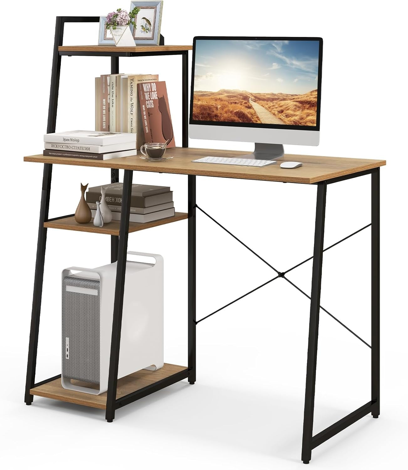Computer Desk with 4-Tier Storage Shelves, Home Office Desk Writing Table with Sturdy X-Shape Frame, Adjustable Foot Pads, Modern Small Study Desk, Wide Tabletop (Natural and Black)