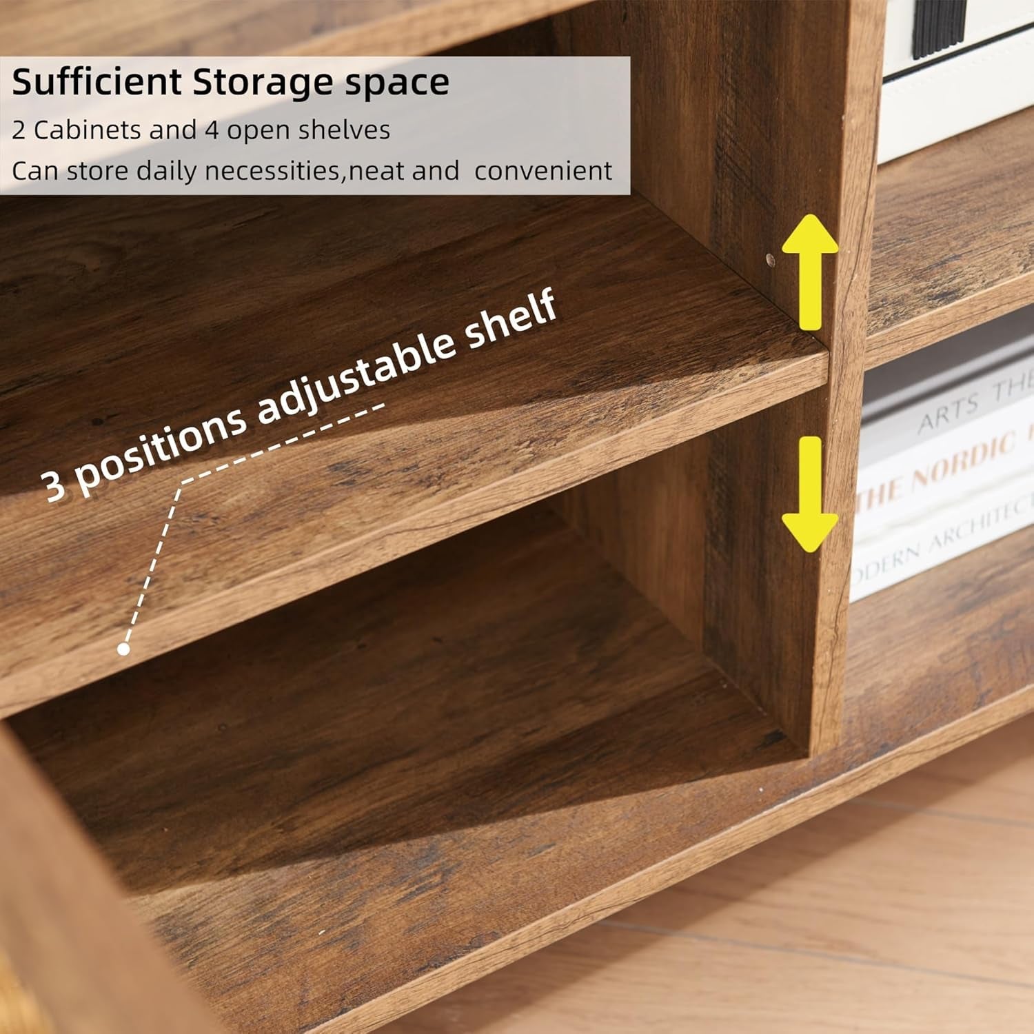 66 Inch TV Stand for 70 Inch Tvs, Mid Century Modern Media Console, Long Entertainment Center with Storage Cabinet, Oak Wood Grain Finish for Rustic & Farmhoue Living Room Decor