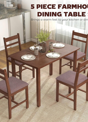5-Piece Farmhouse Style Solid Wood Dining Set for Four with Upholstered Chairs, Perfect for Compact Spaces, Light Brown and Brown Finish
