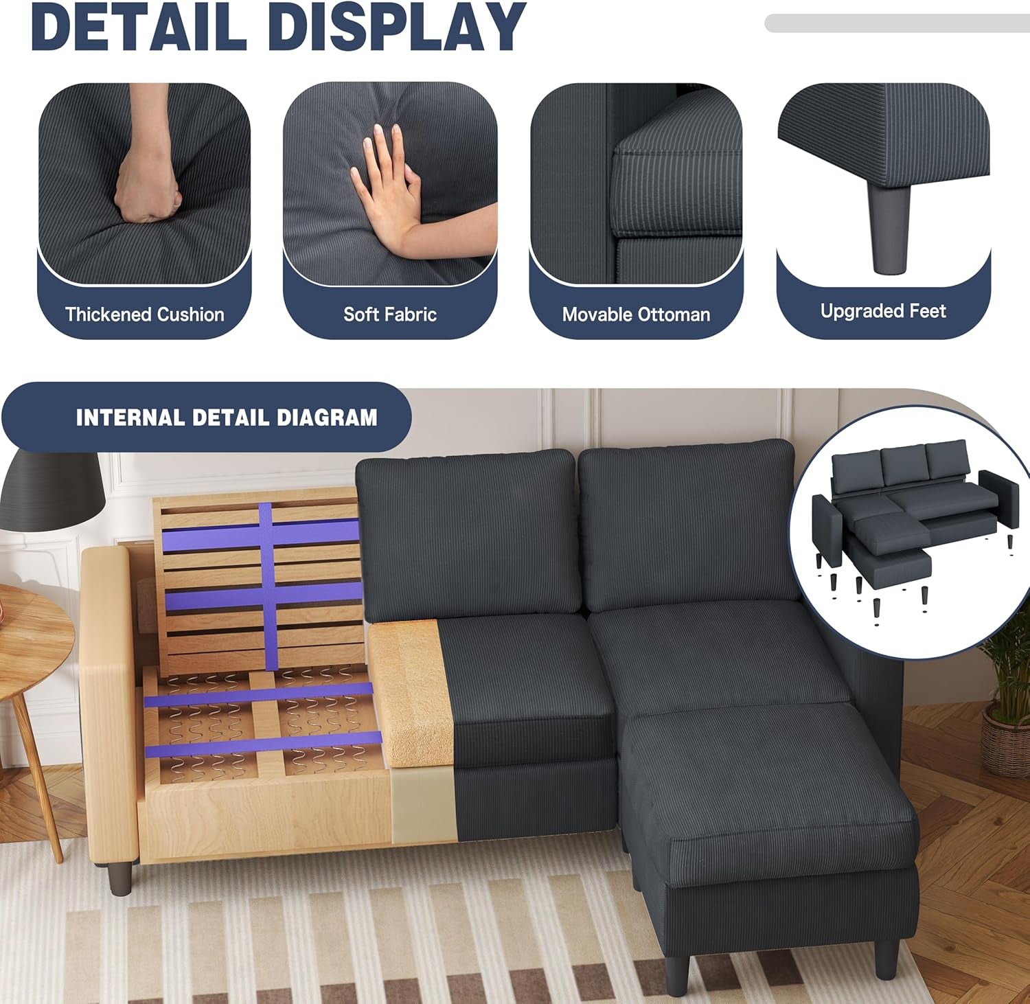 Small Sectional Sofa Couches,L Shape Convertible Sofa with Ottoman,3 Seat Comfy Corduroy Upholstered Sofa Couch,Small Couch for Apartment,Living Room and Office(Dark Grey)