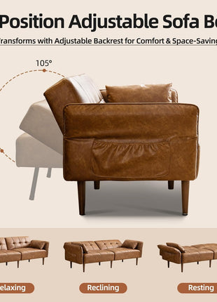Luxurious 85” Futon Sofa Bed with Storage and Adjustable Armrests - Mid Century Modern Faux Leather Loveseat for Living Room, Bedroom, and Apartment in Elegant Brown Design