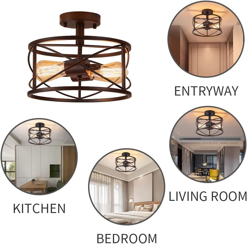 Black Semi Flush Ceiling Light Fixture, 2-Light Farmhouse Flush Mount Light Fixtures, Modern Industrial Metal Cage Pendant Lighting for Hallway, Bedroom, Kitchen, Foyer, Living Room, Dining Room