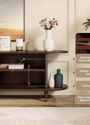 65-Inch Mid-Century Modern TV Stand with Power Outlet, Fluted Entertainment Center with Storage and Adjustable Shelves, Wood TV Console with Sliding Doors in Walnut Finish