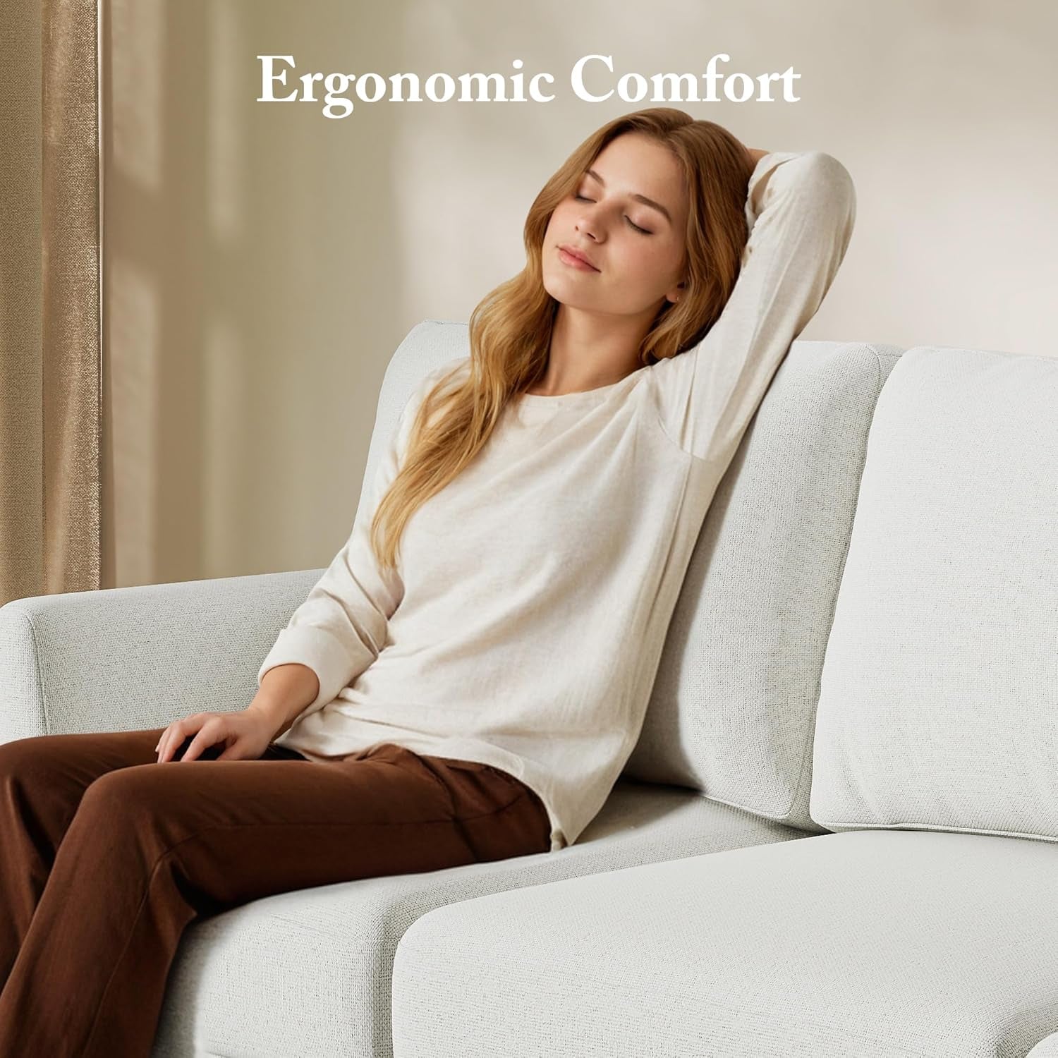 3 Seater Sofa Couch with Deep Seats, 89" Mid Century Modern Upholstered Sofa with Armrests, Comfy Couches for Living Room, Bedroom, Apartment and Office (Beige)