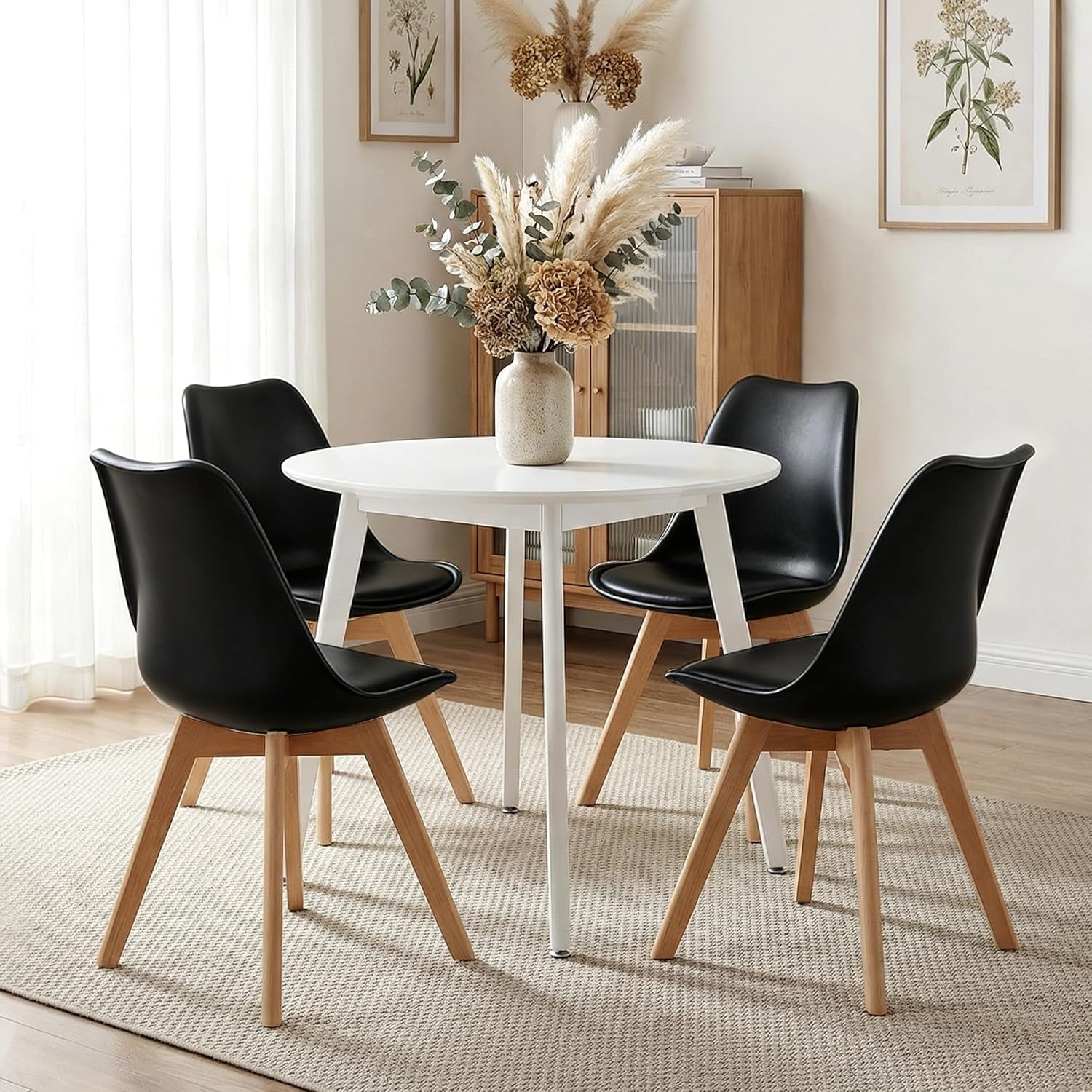 Dining Chairs Set of 4, Modern Upholstered Dining Room Chairs with PU Leather Padded Seat, Armless Kitchen Chairs with Curved Backrest and Solid Wood Legs for Dining Room, Kitchen, Apartment, Black