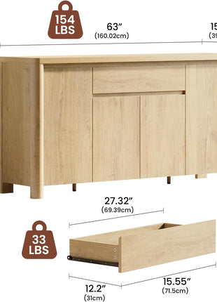 63" Sideboard Cabinet with Storage, Four-Door Buffet Cabinet with Drawer and Adjustable Shelves, Contemporary Wood Credenza Coffee Bar for Living and Dining Rooms, Natural Oak Finish